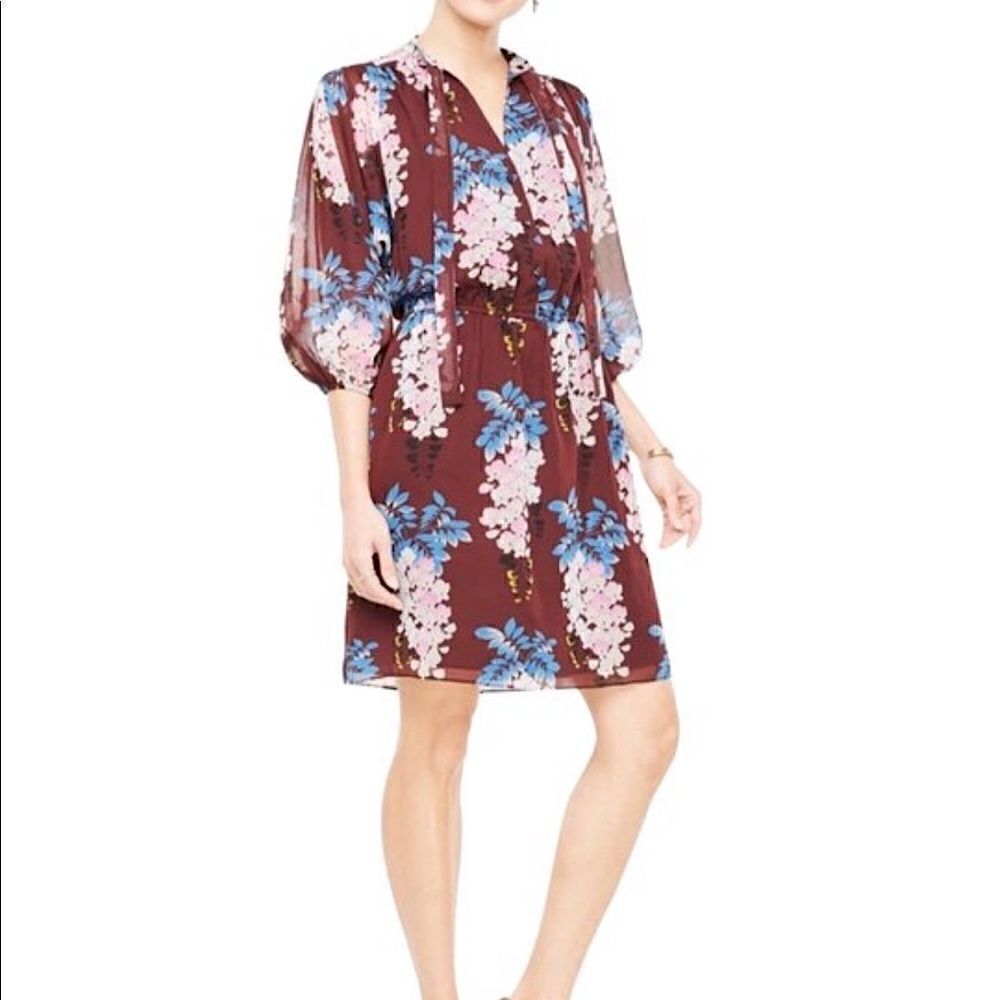 Ann Taylor Women’s Floral Tie Neck Shirt Dress Brown Pink Size‎ Small Petite
